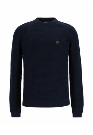 Marineblaues Strickpullover mit Rundhalsausschnitt, texturiertem Muster, gerippten Bündchen und Saum, mit kleinem Logo auf der linken Brust.