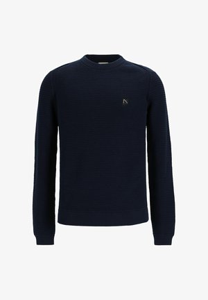 Suéter de punto azul marino con cuello redondo, patrón texturizado, puños y dobladillo acanalados, que presenta un pequeño logotipo en el lado izquierdo del pecho.
