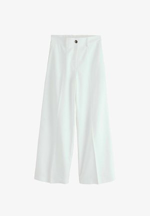 White wide-leg trousers with belt loops, a front button, and zipper closure.