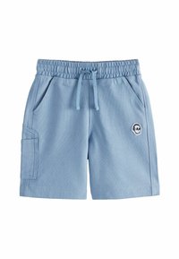Helle blaue Shorts aus weichem Material, mit elastischem Bund, verstellbarem Kordelzug, seitlichen Taschen und einem Totenkopf-Logo-Detail.