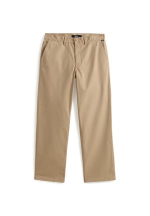 Beige, straight-leg chinos made of lightweight cotton fabric. Features two front pockets and a button closure. Smooth texture, minimal detailing.