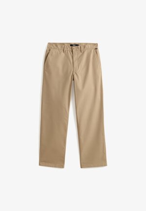Beige recht gesneden chino's van lichtgewicht katoen. Voorzien van twee voorzakken en een knoopsluiting. Gladde textuur, minimale details.