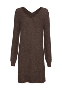 Robe-pull marron avec un décolleté en V et des manches longues. Confectionnée en tissu tricoté doux, elle offre une coupe décontractée avec des détails côtelés à l'ourlet.