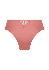 Roze katoenen slip met een fluweelachtige afwerking, voorzien van delicate kantdetails aan de voorkant en een zachte elastieken tailleband.