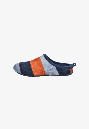 Zapatillas de fieltro con un diseño de calzado fácil de poner, que presentan rayas horizontales en azul marino, gris, naranja y rojo. Textura suave y suela de goma.