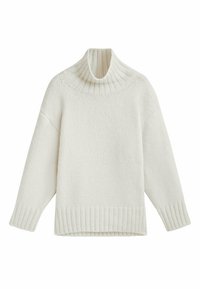 Pull blanc en tricot à col roulé avec des poignets et un ourlet côtelés. Présente une coupe ample et un motif texturé, fabriqué en tissu doux.