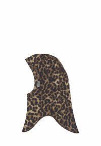 Îmbrăcăminte cu imprimeu de leopard, cu glugă, fabricată dintr-un material moale, având margini rotunjite și un croi unic. Culorile principale sunt maro, bej și negru.