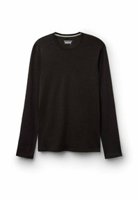 Langärmliges Shirt aus dunkelbraunem Wollmix, Rundhalsausschnitt, lockere Passform, mit einer glatten Textur und ohne sichtbare Muster oder Verzierungen.