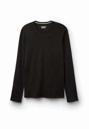 Dlouhá rukávová košile z tmavě hnědé vlněné směsi, s kulatým výstřihem, volný střih, s hladkým povrchem a bez viditelných vzorů či ozdob.