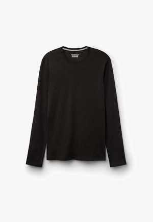 Dlouhá rukávová košile z tmavě hnědé vlněné směsi, s kulatým výstřihem, volný střih, s hladkým povrchem a bez viditelných vzorů či ozdob.