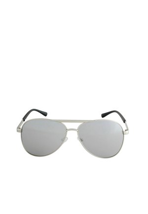 Silver metal aviator sunglasses with mirrored lenses and black plastic temple tips on a white background.