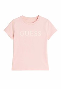 T-shirt rosa in cotone con maniche corte. Presenta un collo a giro e il logo "GUESS" stampato in bianco sulla parte anteriore. Tessuto morbido, vestibilità classica.