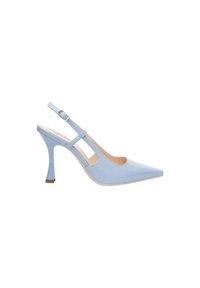 Scarpa slingback in vernice blu chiaro con punta affusolata, sottile cinturino alla caviglia e tacco a stiletto di altezza media. Presenta lati con ritagli.