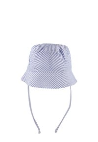 Pasiasta kapelusz typu bucket w niebiesko-białym kolorze z bawełny, posiada elastyczny brzeg, regulowane paski na podbródek oraz marszczony fason na szczycie.