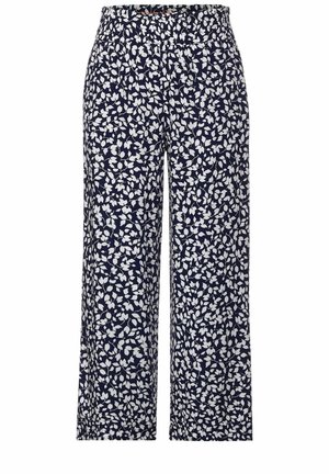 Navy-gepatroneerde wijde broek met een wit bladpatroon. Elastische tailleband, lichtgewicht stof en vloeiende silhouet voor comfort.