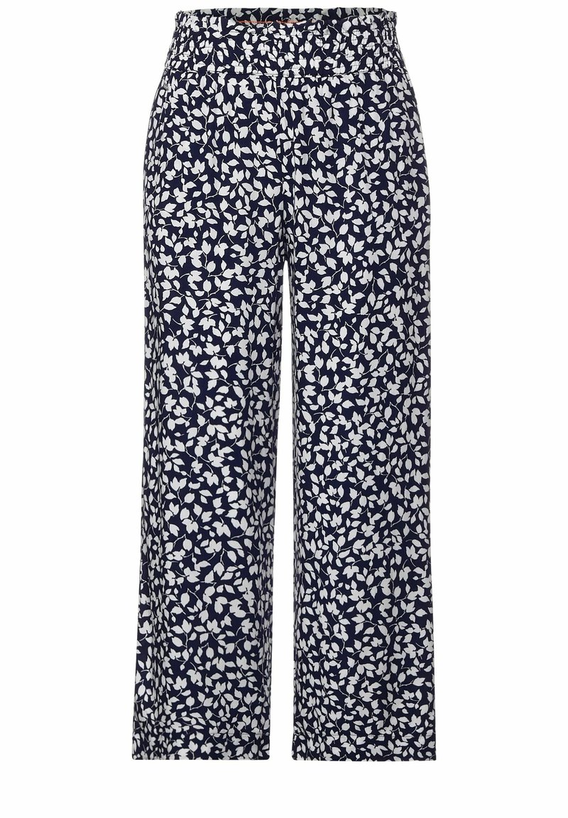 Kalhoty širokého střihu s námořnickým vzorem a bílým listovým designem. Elastický pás, lehká tkanina a splývavý siluet pro pohodlí.