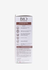 Eco Bio Mask, rektangulär, vit låda med bruna accenter. Innehåller produktinformation på flera språk. FSC-certifierad; återvinningsbar förpackning.