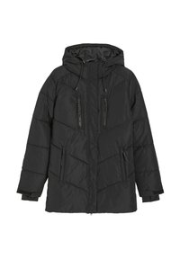 Czarna ocieplana kurtka z kapturem, z zamkiem z przodu, dwiema kieszeniami na zamek na piersi, kieszeniami bocznymi oraz pikowanym wzorem. Gładka faktura.