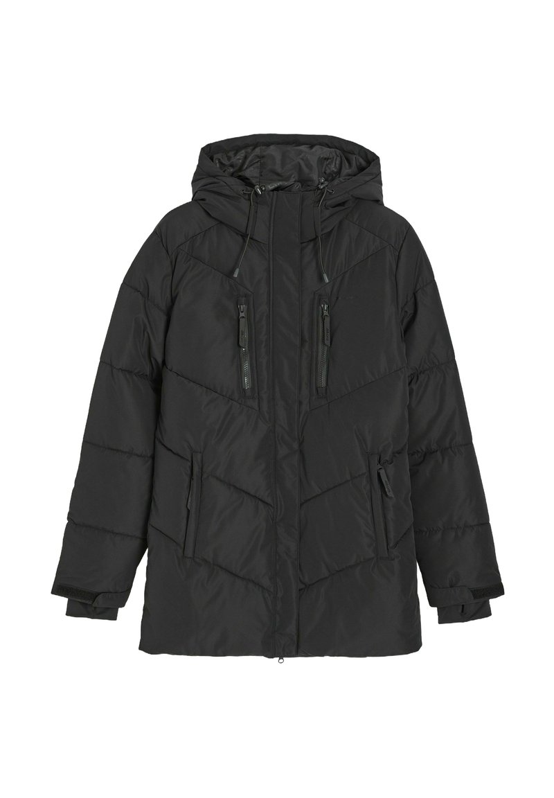 Czarna ocieplana kurtka z kapturem, z zamkiem z przodu, dwiema kieszeniami na zamek na piersi, kieszeniami bocznymi oraz pikowanym wzorem. Gładka faktura.