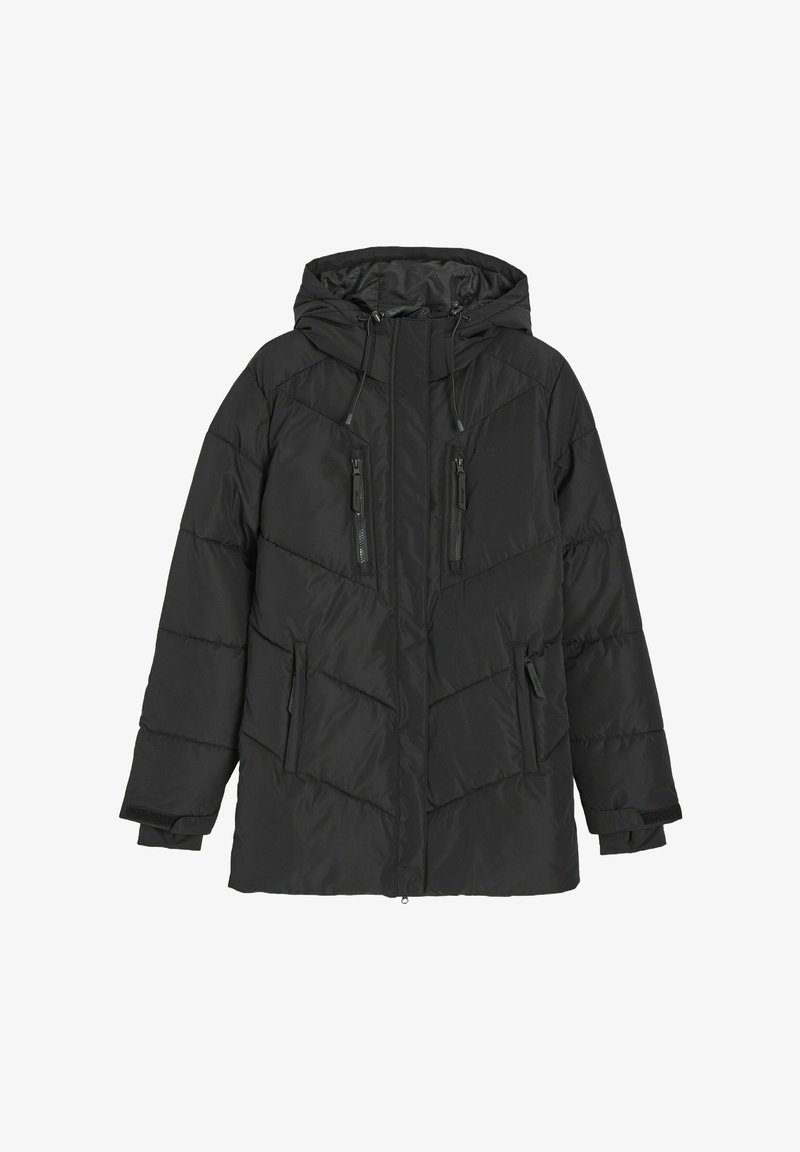 Czarna ocieplana kurtka z kapturem, z zamkiem z przodu, dwiema kieszeniami na zamek na piersi, kieszeniami bocznymi oraz pikowanym wzorem. Gładka faktura.