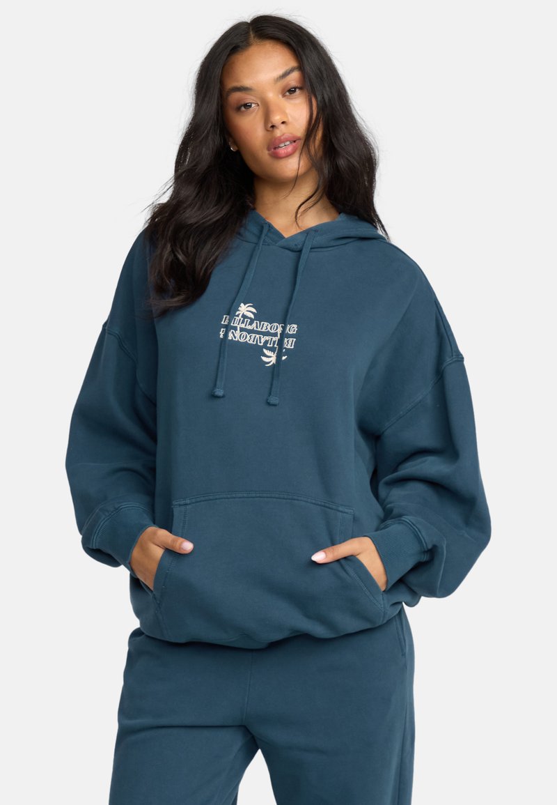 Teal cotton hoodie featuring a front pocket, drawstring hood, and palm tree graphic detailing. Relaxed fit with ribbed cuffs.