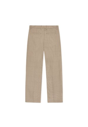 Μπεζ καρό παντελόνια με ίσια γραμμή, με δύο πίσω τσέπες και απαλή υφή. Ραμμένο σχέδιο με διακριτικό μοτίβο.