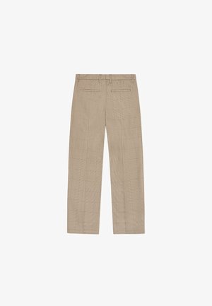 Beige karierte Hose mit geradem Schnitt, zwei Gesäßtaschen und glatter Textur. Maßgeschneidertes Design mit dezentem Muster.