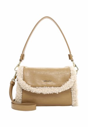 Sac à main beige avec une bordure blanche texturée et douce. Doté d'une bandoulière incurvée et de ferrures dorées. Matière en cuir lisse.