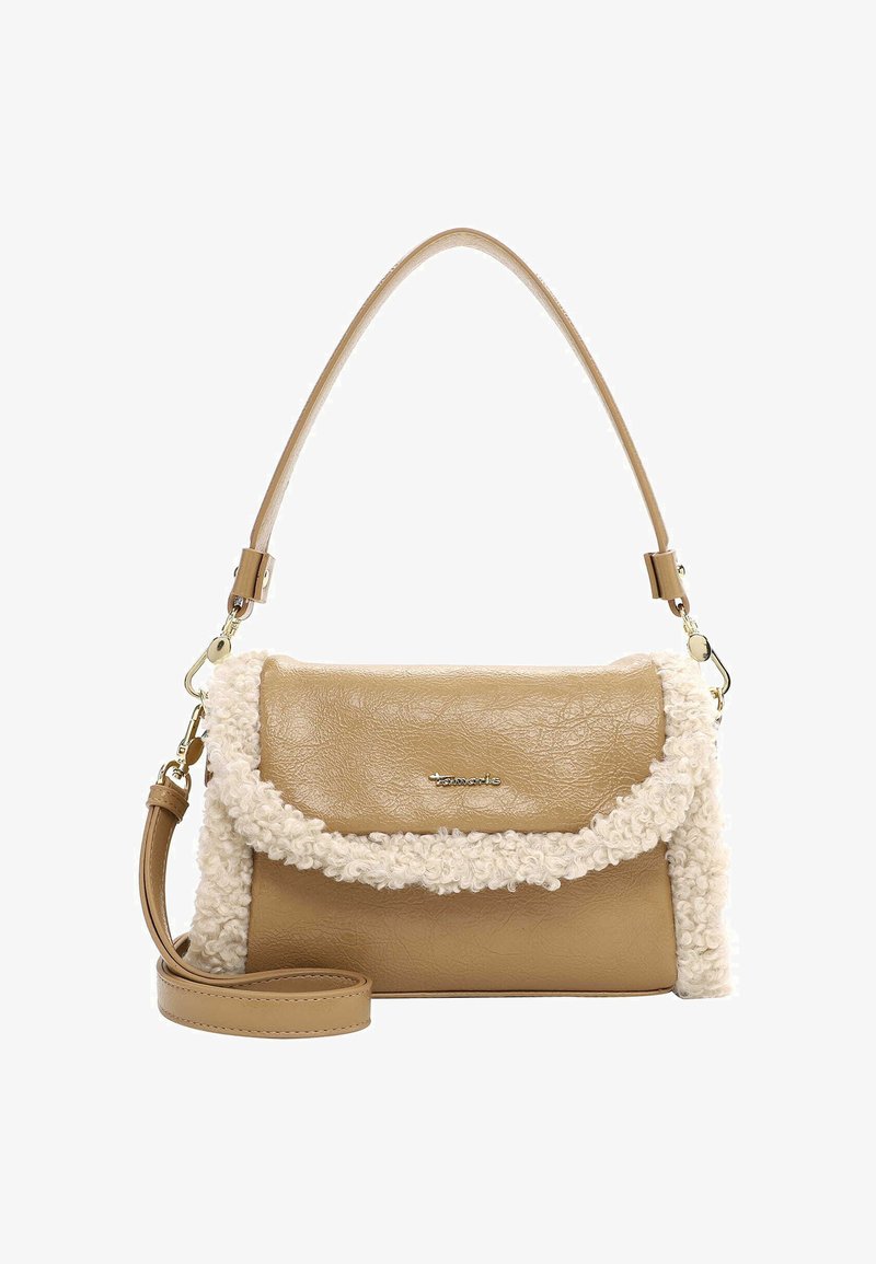 Taninahkaga käekott pehme valge tekstureeritud äärega. Varustatud kõverdatud õlapaela ja kuldse viimistlusega riistvaraga. Sile nahk.