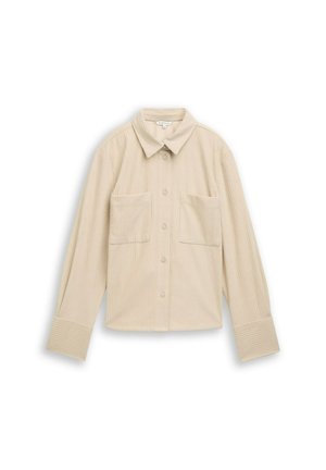 Beige corduroy overhemd met een klassieke kraag, twee voorzakken en knoopsluiting. Lange mouwen hebben ribgebreide manchetten voor textuurcontrast.