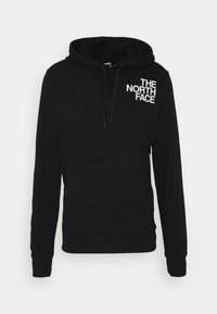 Svart hoodie i bomullsblandat tyg. Har en känguruficka, justerbar huva med dragsko och vit textlogga på bröstet.