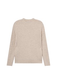 Μπεζ π�λεκτό πουλόβερ με ριγέ κολάρο τύπου crew, διαθέτει μοτίβο πλέγματος στο πίσω μέρος και μακριά μανίκια. Μαλακό πλεκτό ύφασμα.