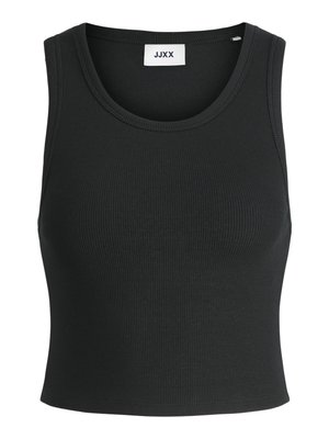 Top a canottiera nero a coste con scollatura rotonda e design senza maniche; realizzato in un morbido tessuto elasticizzato per comfort e vestibilità.