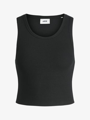 Schwarzes, geripptes Tanktop mit rundem Halsausschnitt und ärmellosem Design; aus einem weichen, dehnbaren Stoff für Komfort und Passform.