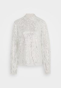 Maglietta lucida bianca a maniche lunghe con collo alto, caratterizzata da strisce verticali di paillettes e chiusura con zip sul retro.