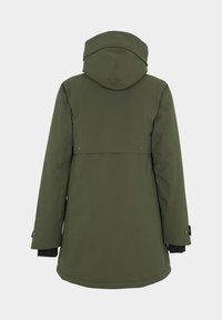 Olijfgroene parka-jack met capuchon, met een gestructureerd oppervlak, drukknoopsluitingen en zwarte manchetten. Achteraanzicht, geen aanvullende details.