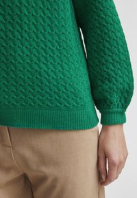 Grüner Strickpullover mit strukturiertem Muster, gerippten Bündchen und Saum. Kombiniert mit beigen Hosen, die die lebendige Farbe des Pullovers betonen.