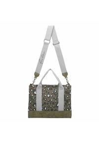 Graue und olivfarbene Leopardenmuster-Tasche mit zwei weichen Griffen, verstellbarem Schulterriemen und Wildlederboden. Sie verfügt über silberne Hardware und einen Reißverschluss.