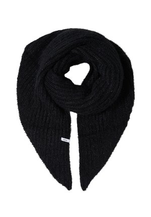 Écharpe noire en tricot, texture douce, design côtelé, avec des extrémités pointues. Une étiquette de marque minimaliste est visible à la base.