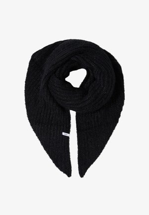 Sciarpa nera in maglia, con texture morbida e design a coste, con estremità a punta. Un'etichetta con branding minimale è visibile alla base.