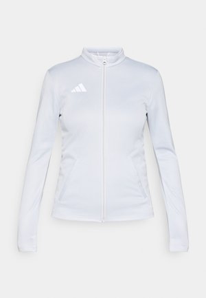 Λευκό αθλητικό μπουφάν με όρθιο γιακά, μανίκια πλήρους μήκους, δύο πλαϊνές τσέπες και μικρό λευκό λογότυπο στην αριστερή επάνω πλευρά.