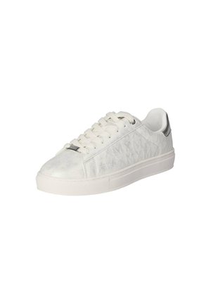 White leather sneakers with a textured surface, lace closure, gray accents at the heel, and a rubber sole featuring a patterned grip.