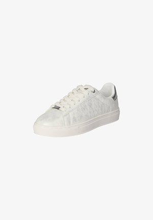 White leather sneakers with a textured surface, lace closure, gray accents at the heel, and a rubber sole featuring a patterned grip.