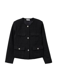 Schwarze Texturjacke mit rundem Ausschnitt, vier vorderen Taschen und silbernen Knopfverschlüssen. Strukturierter, taillierter Schnitt.