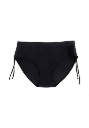 Czarne bikini z wysokim stanem, z regulowanymi wiązaniami po bokach, wykonane z gładkiej tkaniny, ułożone na białym tle.