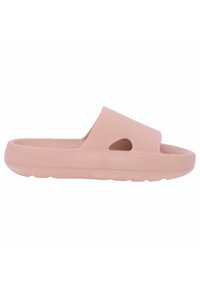 Pink slide sandal with a textured upper, open-toe design, and cut-out accents. Made of lightweight, flexible material. Flat sole.