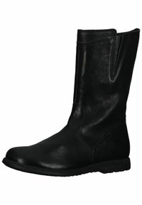 Black leather ankle boot with a smooth finish, rounded toe, elastic side panels, and a low rubber sole. Minimalistic design and sleek silhouette.