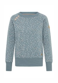 Helehall sinine dressipluus tekstuurse, valge ja pehme roosa täpilise mustriga. Omab soonikulisi mansette ja ümmargust kaelust kaunistavate nööpidega.