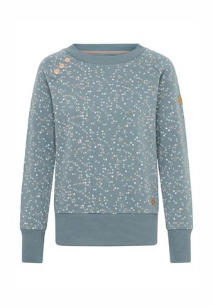 Gaišzils džemperis ar teksturētu, plankumainu rakstu baltā un maigā rozā krāsā. Aprīkots ar ribveida aprocēm un apaļu kakla izgriezumu ar dekoratīvām pogām.