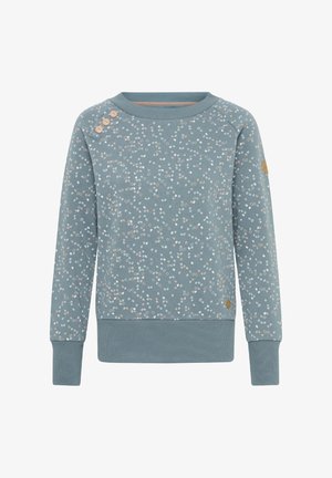 Gaišzils džemperis ar teksturētu, plankumainu rakstu baltā un maigā rozā krāsā. Aprīkots ar ribveida aprocēm un apaļu kakla izgriezumu ar dekoratīvām pogām.